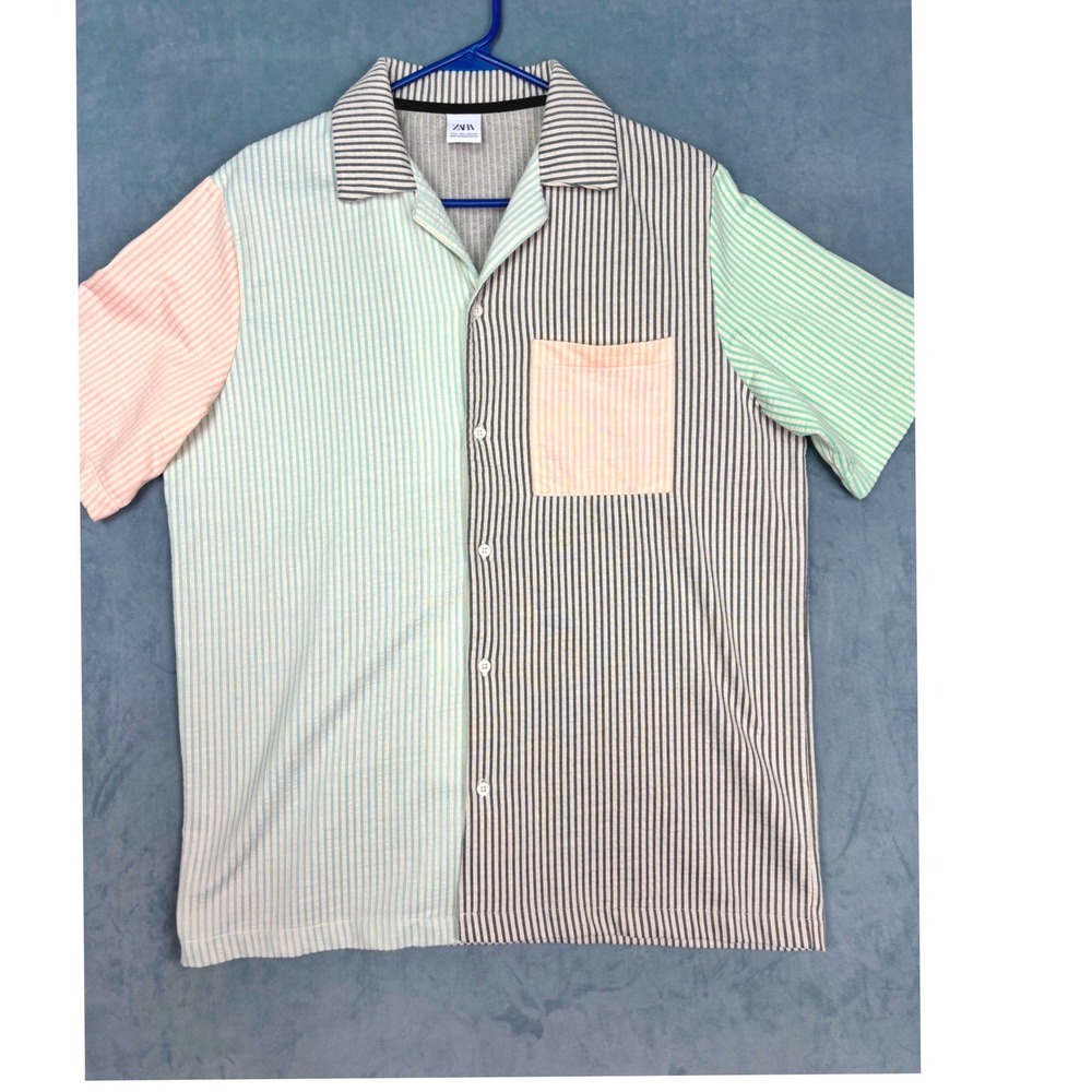 Zara Mens Colorblock Pinstripe Short Sleeve Button Down Shirt Pastel Large